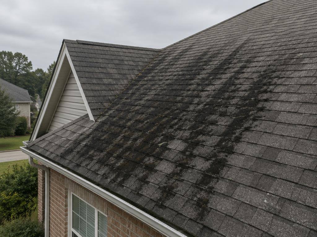 Example of black algae streaks on an asphalt shingle roof