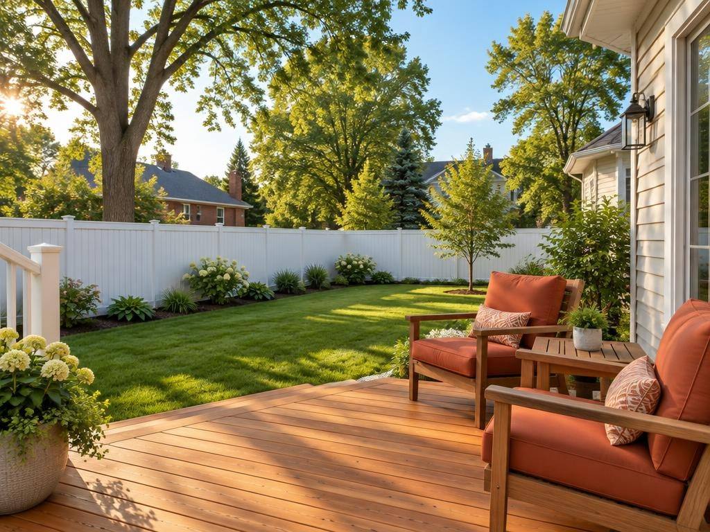 White vinyl fence and cedar deck in a backyard