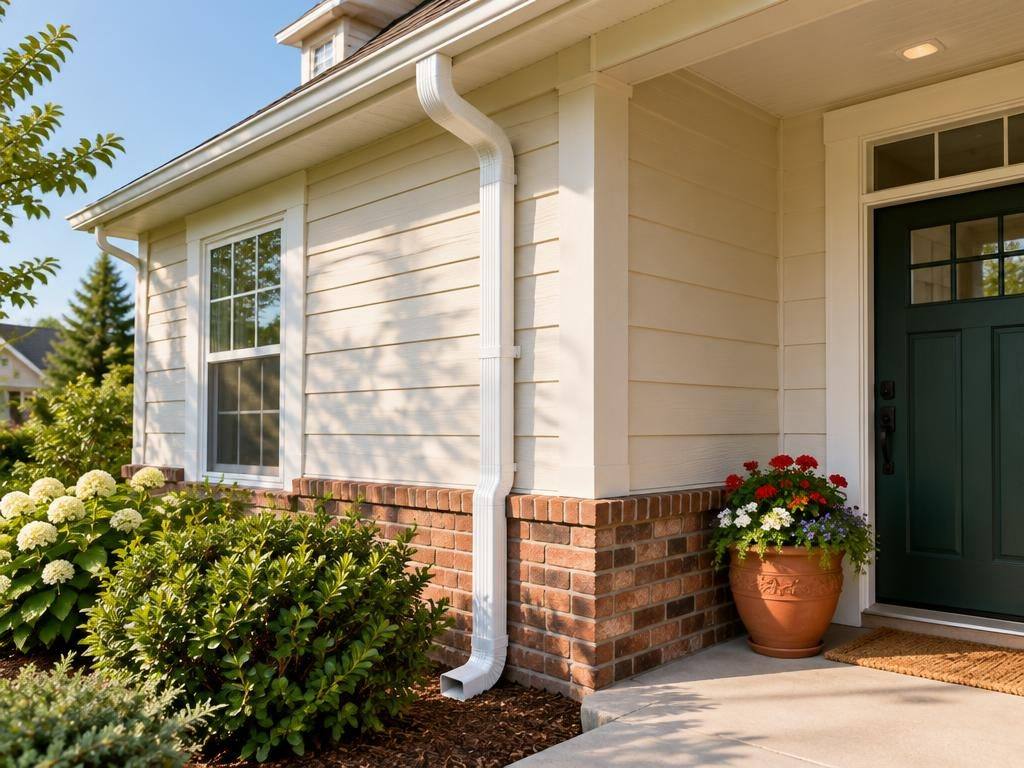 White gutter and downspout on a home with beige siding