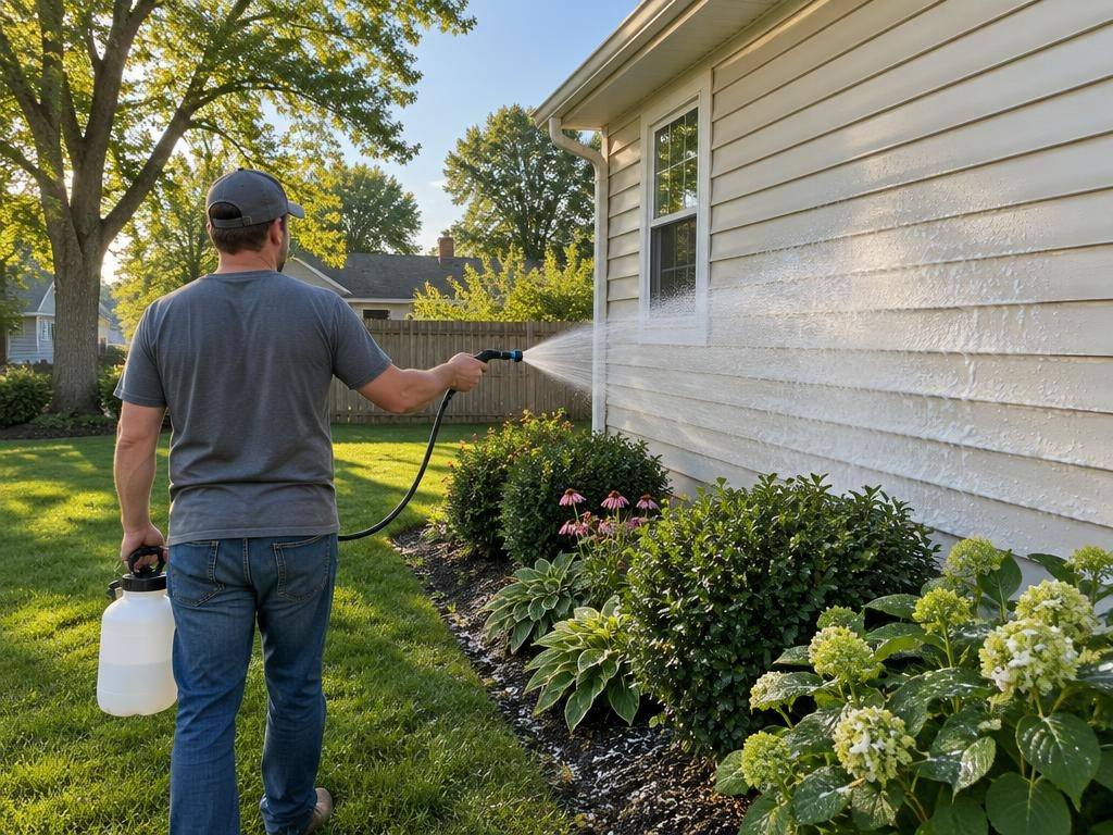 Soft washing vinyl siding with a gentle fan spray, shrubs wet below