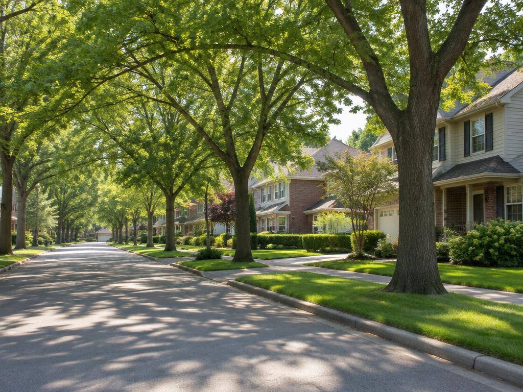 Tree-lined suburban street with shaded two-story homes and green lawns